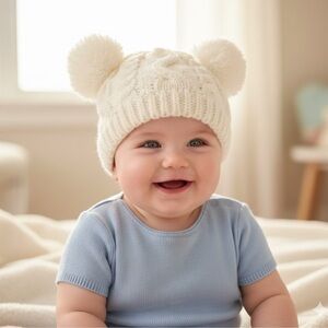 Laura Ashley, cream knitted hat, fleece lining, warm, 2 pom-pom ears, 12-24 mon.